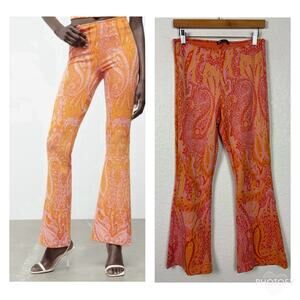 Zara Printed Jacquard Paisley Womens Pull On Pants Sz Large Orange Boho Eclectic